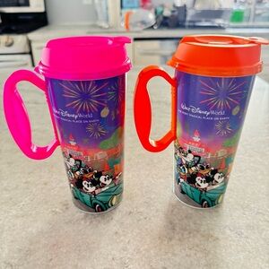 Walt Disney World Refillable Plastic Souvenir Cups Pink and Orange Set of 2